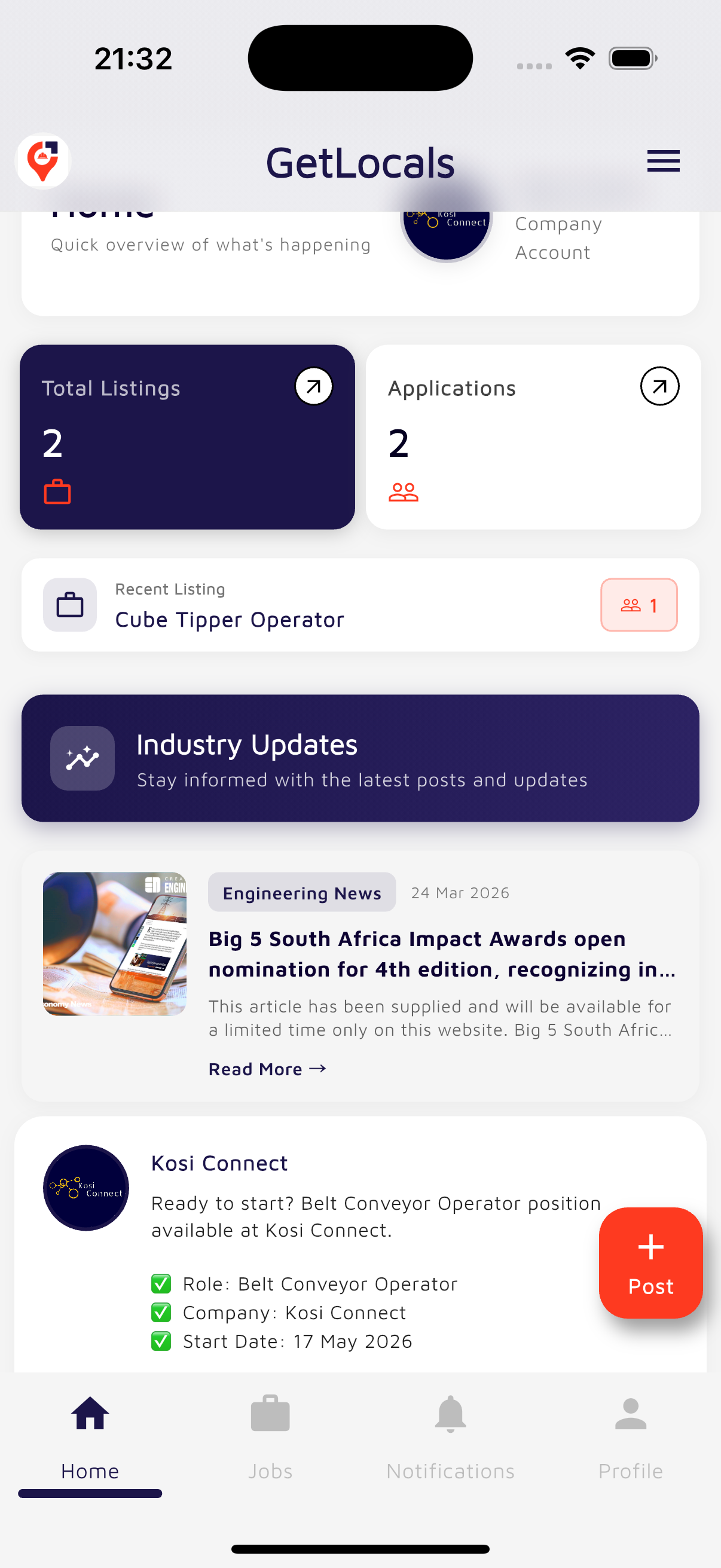 GetLocals dashboard screen
